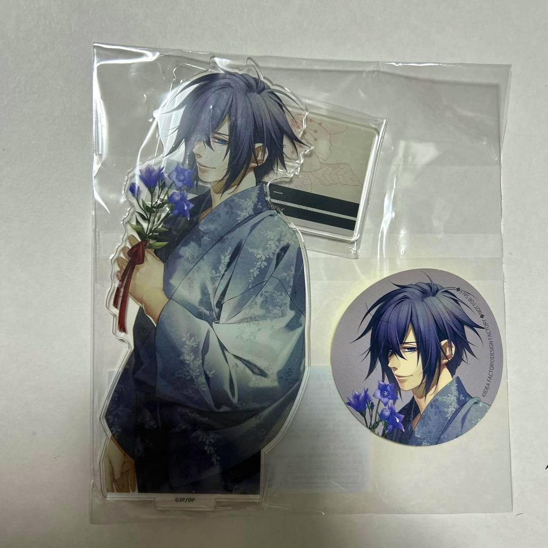 Clear-packaged acrylic decorative stand set showing a tall character-shaped acrylic stand and a round acrylic art piece depicting Saitō Hajime.