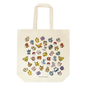 Canvas tote bag front with an all-over Pokémon character pattern and two top handles.
