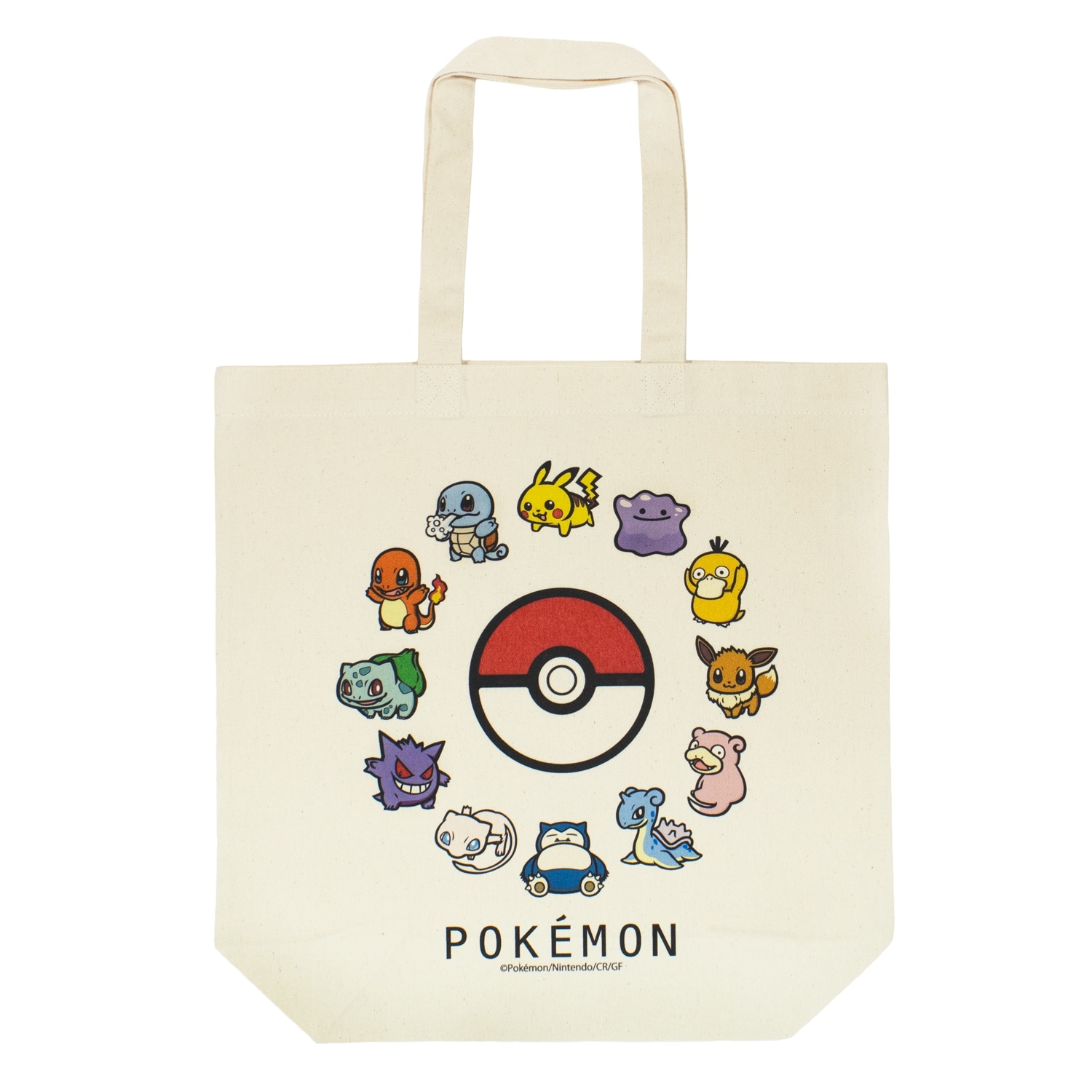 Front view of a reusable tote bag printed with a Poké Ball and multiple Pokémon characters around it.