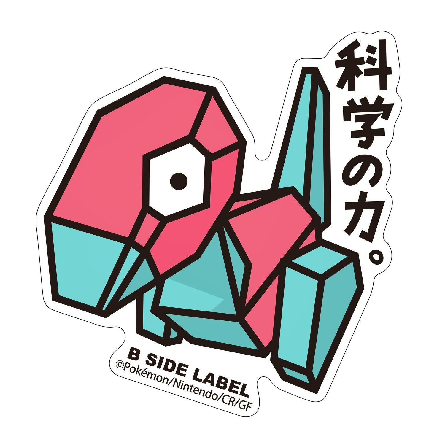 Close-up photo of a B-SIDE LABEL Pokémon sticker showing a geometric pink-and-teal Pokémon design with Japanese text and copyright text at the bottom.