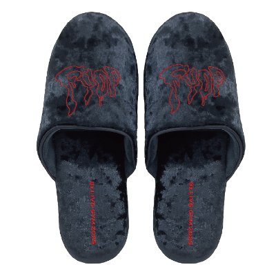 Top-down photo of a pair of FYOP room slippers (size L) in dark plush fabric with red logo on each footbed.