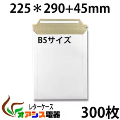 Illustration of a white B5-sized envelope with open flap showing dimensions '225×290+45mm' and '300枚' text.