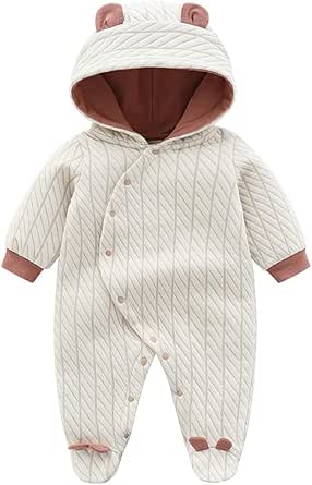 Front view of a baby long-sleeve hooded, footed romper/coverall with a cream diagonal quilted pattern and brown inner hood and cuff accents.