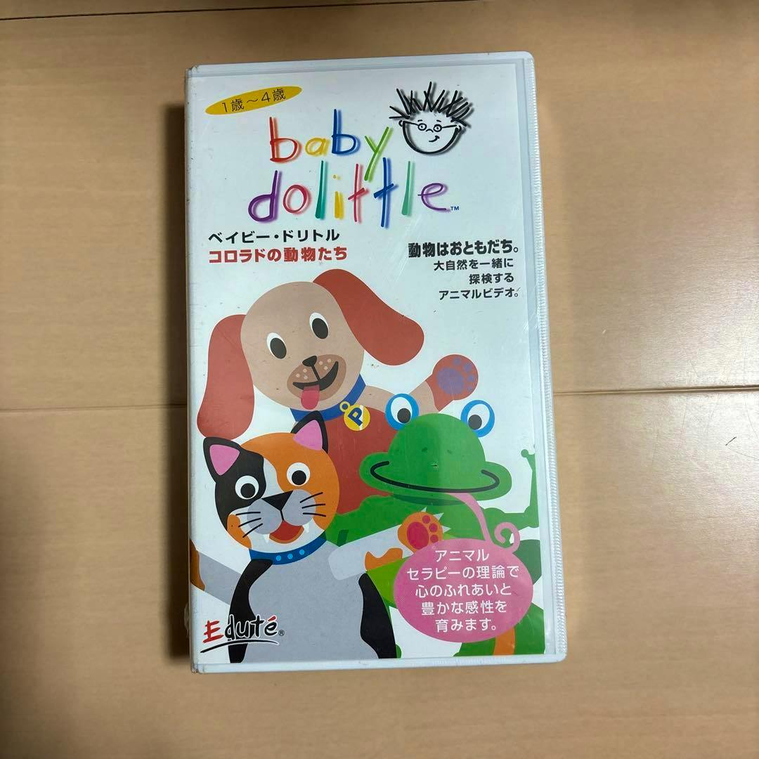 Front cover of the Baby Dolittle VHS "コロラドの動物たち" showing cartoon dog, cat, and frog on a white case.