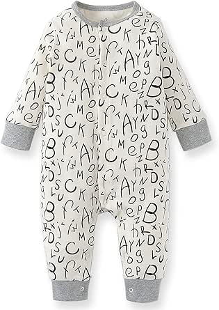 Long-sleeve baby coverall jumpsuit with all-over letter print, front snap opening and grey cuffs.