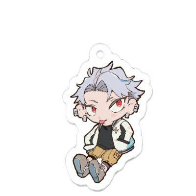 Acrylic keychain showing a chibi grey-haired character with red eyes, seated and surrounded by a white outline with a top hole for the chain.