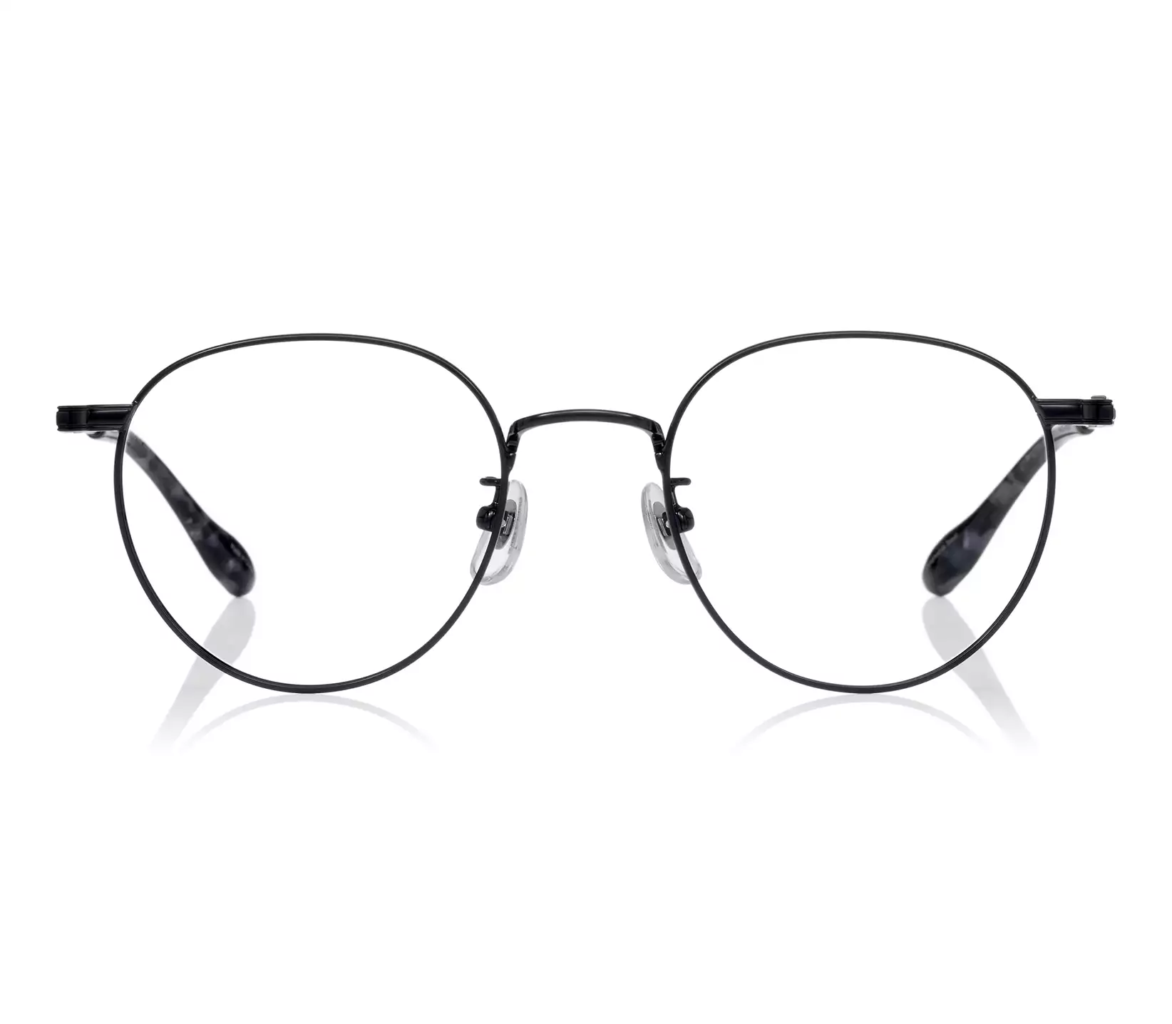 Front view of black eyeglasses with nose pads on a white background.
