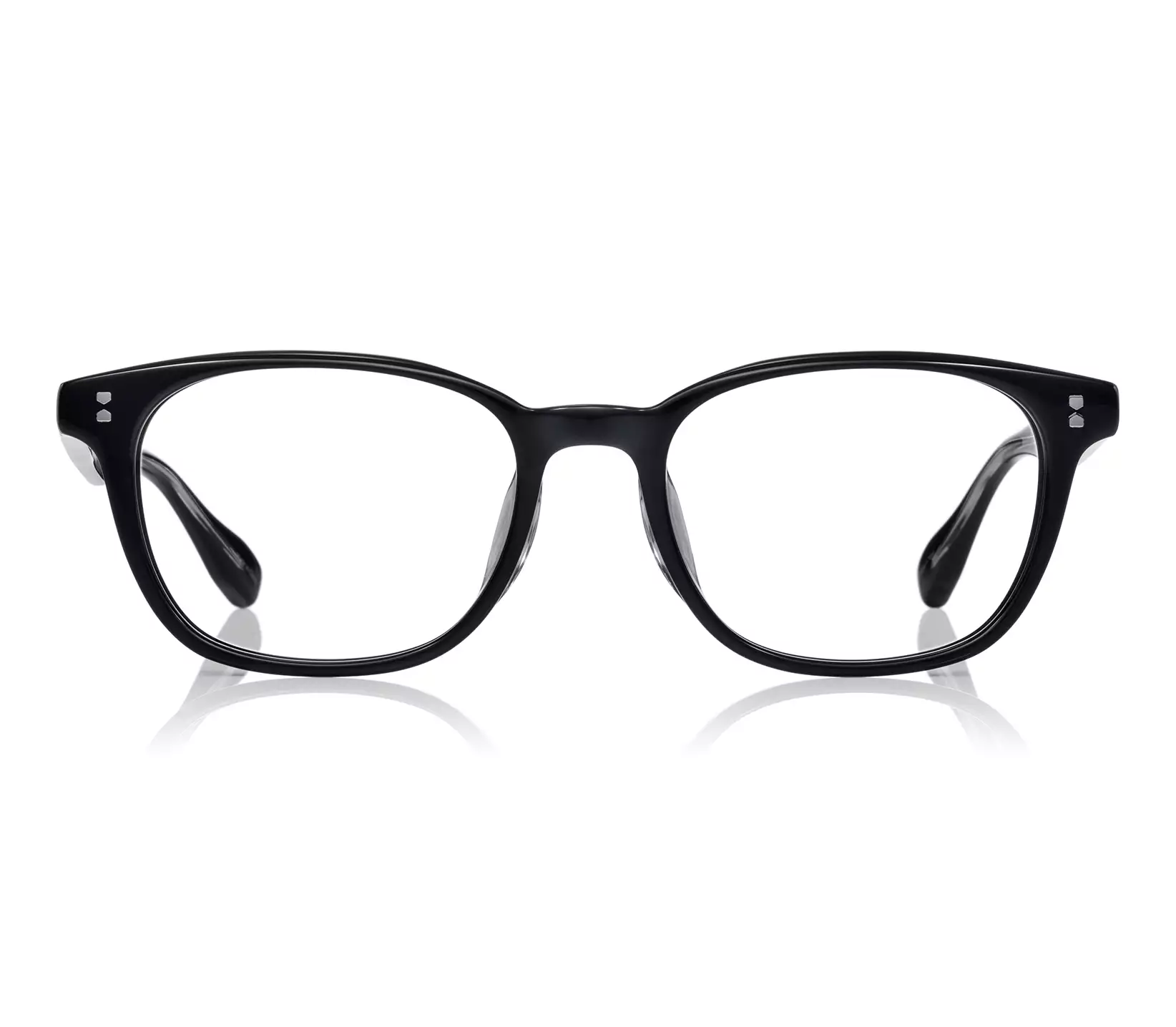 Front view of black corrective eyeglasses on a white background.