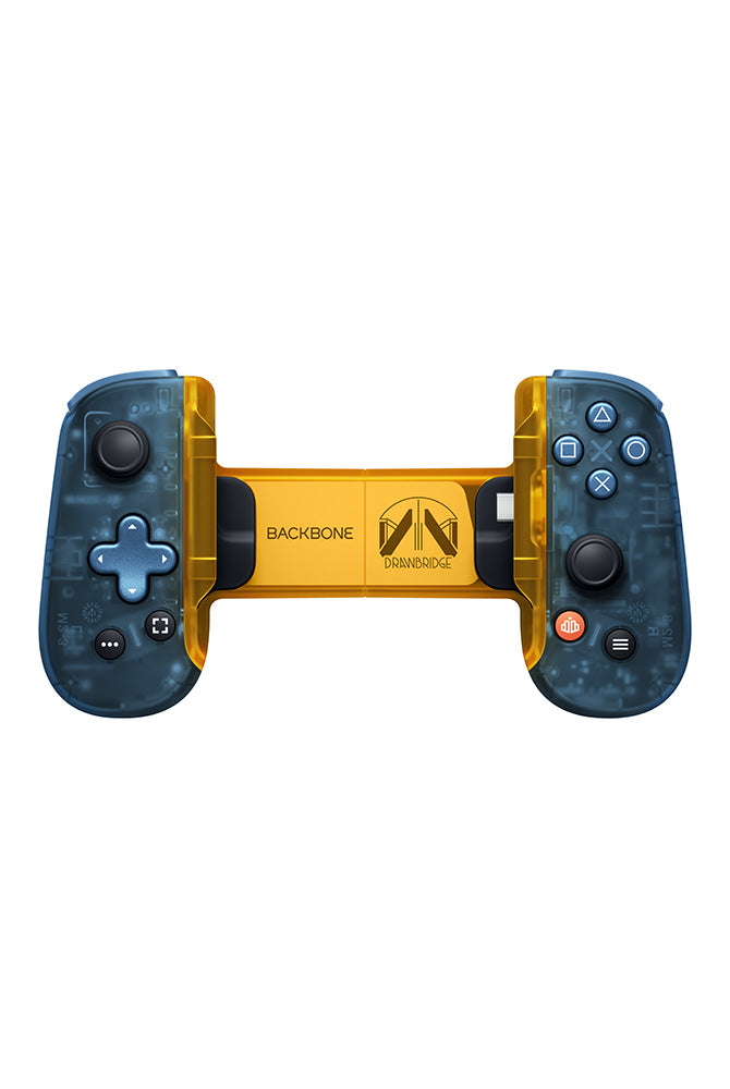 Front view of the Backbone One x DEATH STRANDING 2 limited edition video game controller with blue translucent grips and a gold center.
