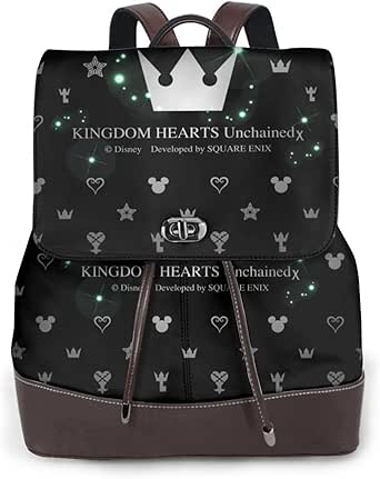 Front view of the BAIYUAN Kingdom Hearts backpack showing a black patterned flap with crown motif and a brown leather base.