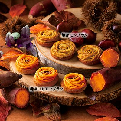 Six baked Mont Blanc cookies (chestnut and sweet potato) displayed on wooden slabs with chestnuts and sweet potato pieces around them.
