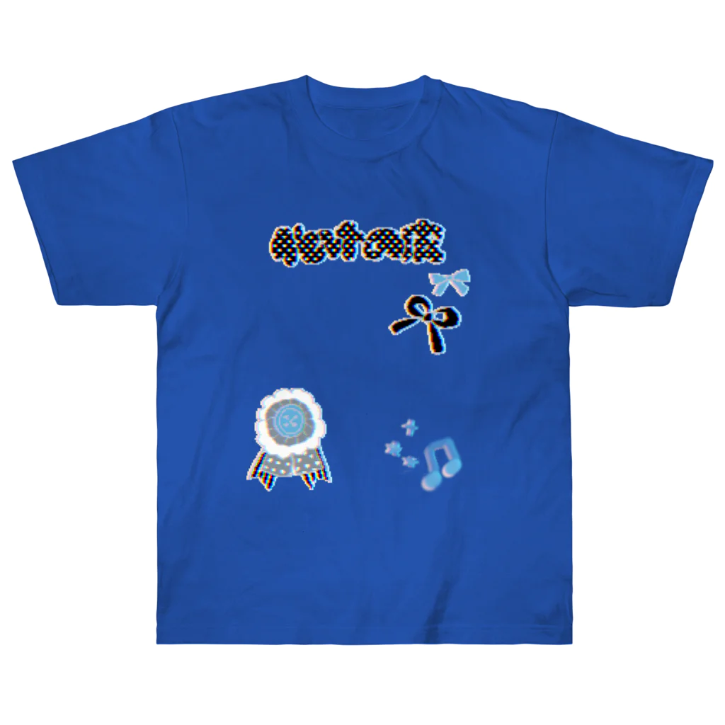 Blue men's cotton T-shirt shown from the front with kawaii-style printed graphics including stylized text, a ribbon, a rosette, and a musical note.