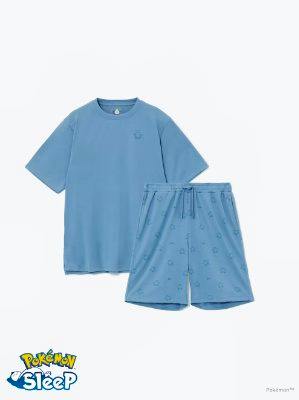Men's cotton pyjamas set with a blue short-sleeve T-shirt and matching patterned shorts laid flat on a white background.