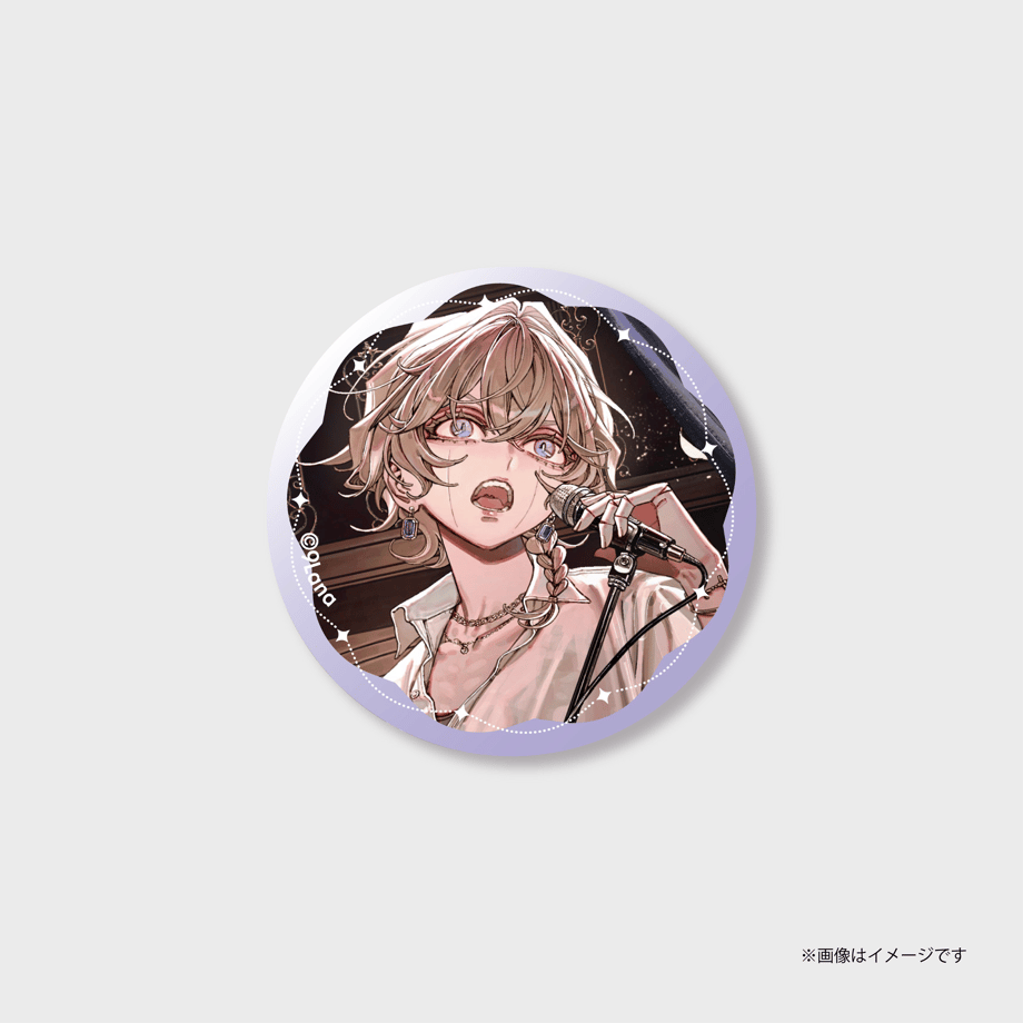 Round can badge showing an illustrated character singing into a microphone with a purple border.