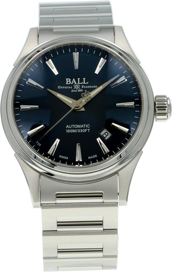 Front view of the Ball men's automatic wristwatch with a blue dial, luminous hands, date window, and stainless steel bracelet.
