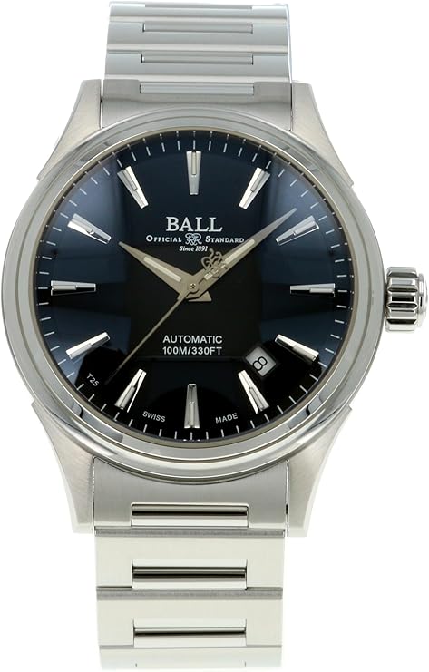 Front view of the Ball men's automatic wristwatch with a dark dial and stainless steel bracelet.