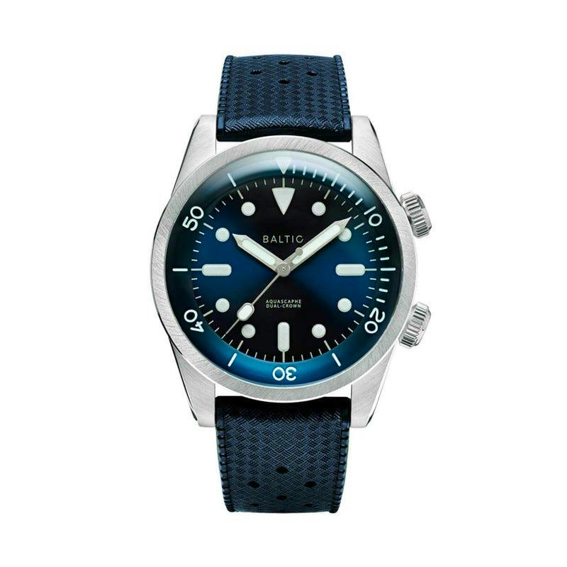 Front view of the BALTIC compressor diver watch with a blue dial, dual crowns, and blue Tropic rubber strap.