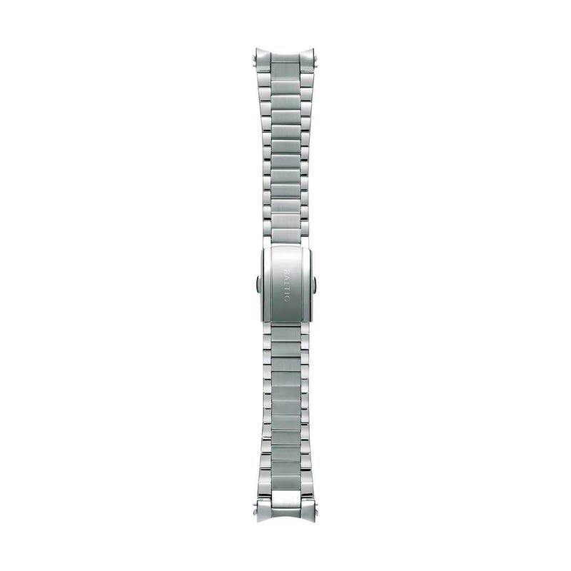 Stainless steel flat-link watch strap laid flat showing the folding clasp with "BALTIC" engraving.