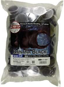 Clear plastic bag holding many black wide insect jelly cups with a label reading "BANANA BLACK".