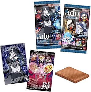 Two BANDAI Ado wafer packs with collectible cards and one unpacked wafer biscuit displayed.