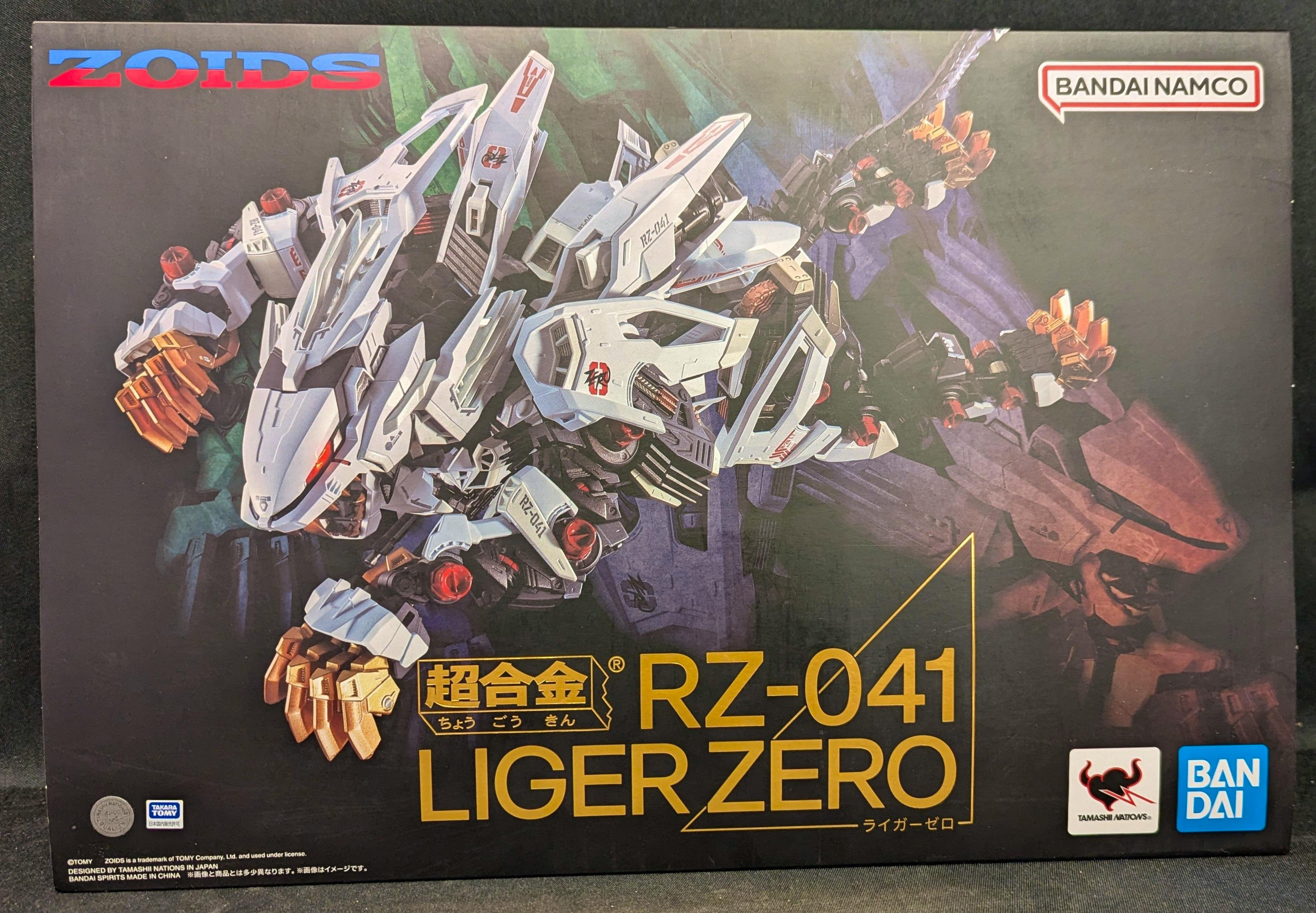 Front of the Bandai RZ-041 LIGER ZERO product box showing the Liger Zero artwork, title text, and brand logos.