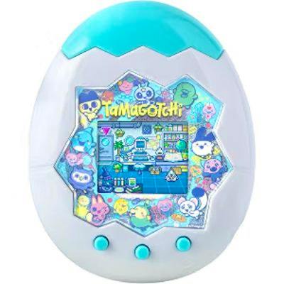 White and turquoise egg-shaped Bandai Tamagotchi Paradise 'My Lab' virtual pet device with a decorative screen and three buttons.