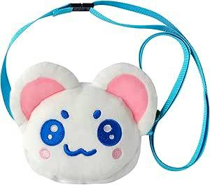 Plush polyester Tamagotchi pouch shaped like a white character face with pink ears and a blue shoulder strap.