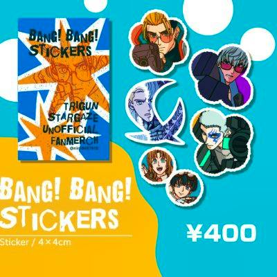 Main image showing the BANG! BANG! STICKERS (STARGAZE SET) with multiple character sticker designs, the product name, size, and price ¥400 on a blue and yellow background.