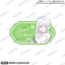 Close-up of a green acrylic name badge showing the character 汐見 蛍 from BanG Dream! Our Notes in casual clothes with name text.