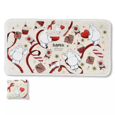 Rectangular polyester blanket printed with Baymax and Mochi holiday illustrations and a small matching storage pouch.