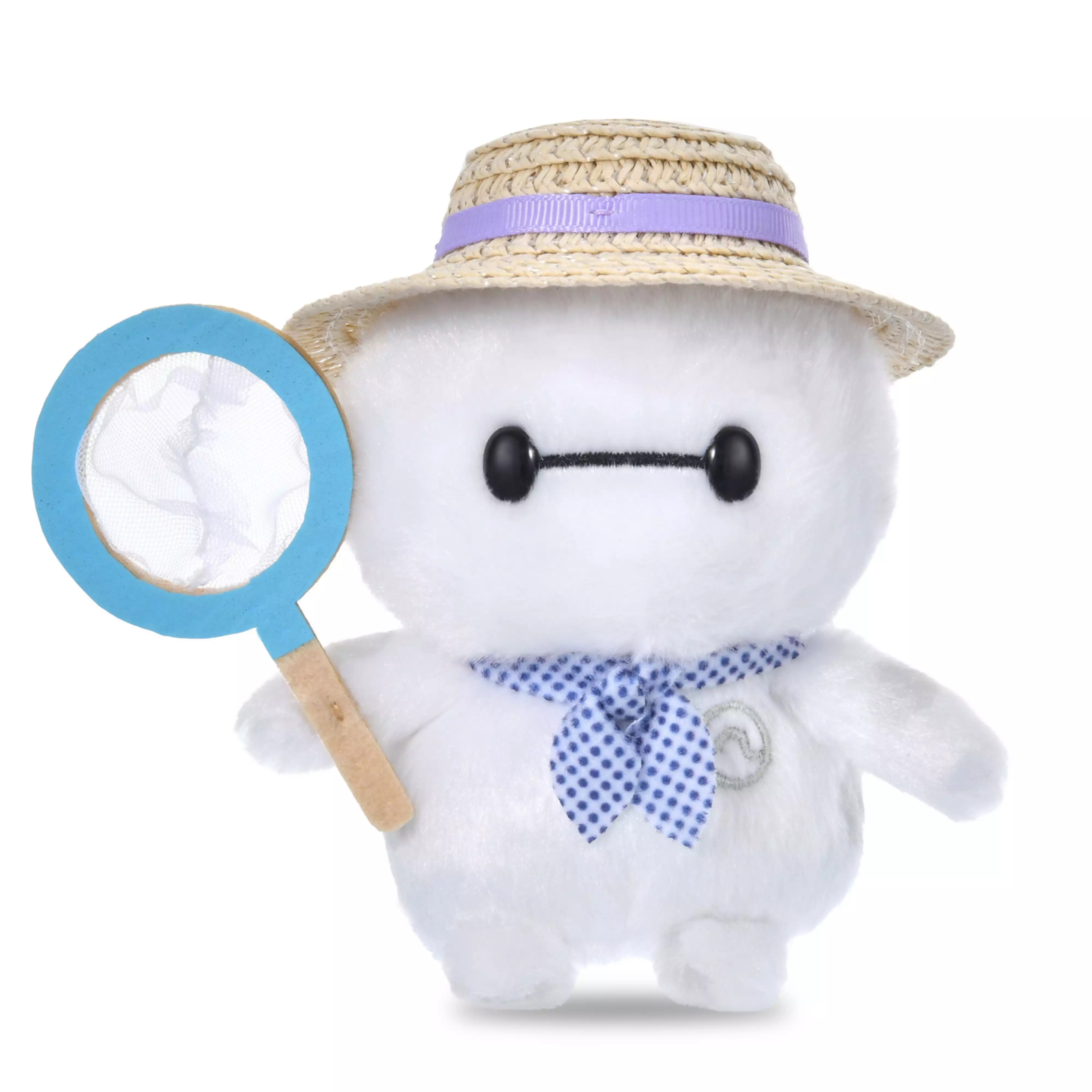 Front view of the Baymax plush wearing a straw hat, a blue polka-dot neck scarf, and holding a blue-framed magnifying glass prop.