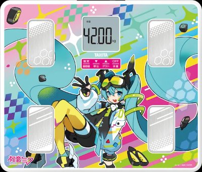 Rectangular digital bathroom scale with a colorful Hatsune Miku illustration, four silver foot sensors, and a central LCD showing 42.00 kg.