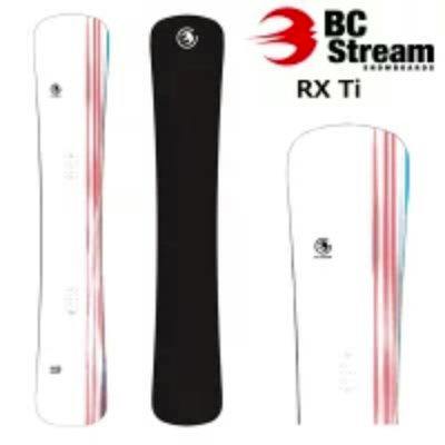 Three views (top, base, and side) of the BC Stream RX Ti snowboard shown on a white background.