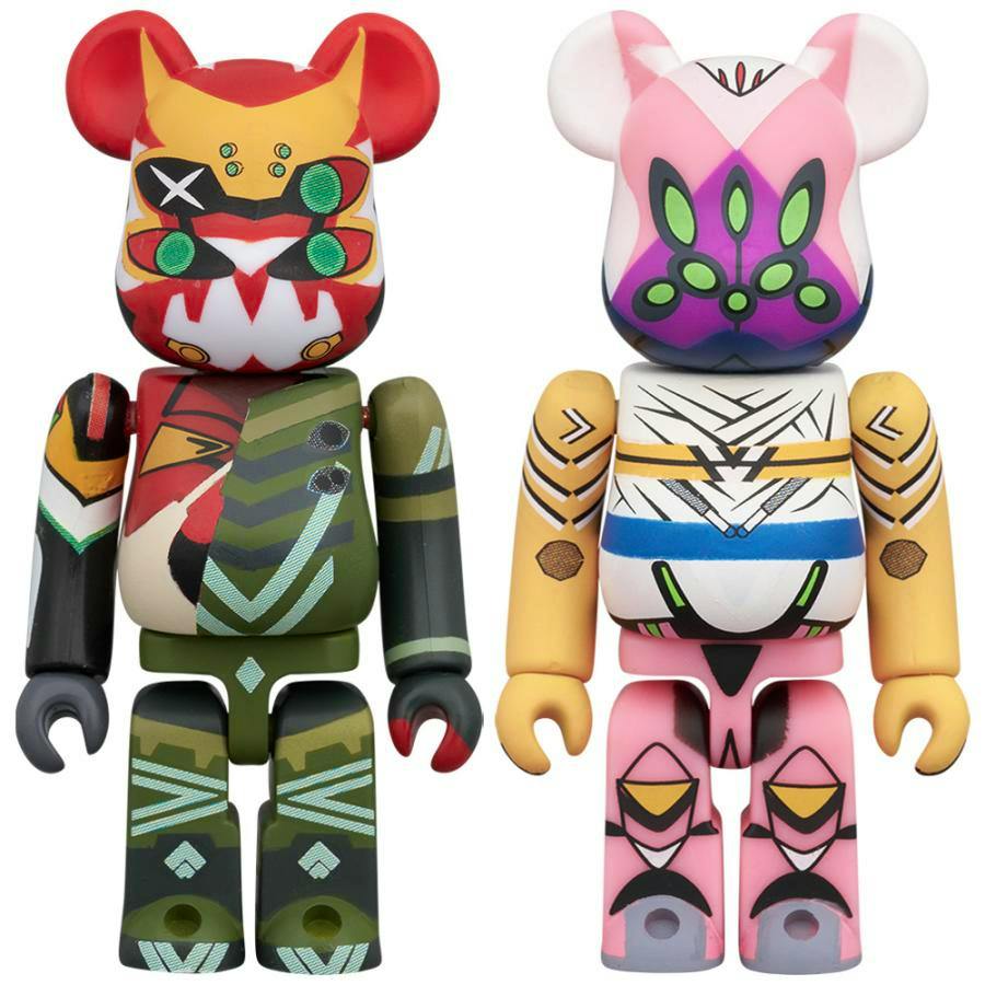 Two BE@RBRICK plastic figures shown side by side with Evangelion-inspired painted designs, one in green/red tones and one in pink/white tones.