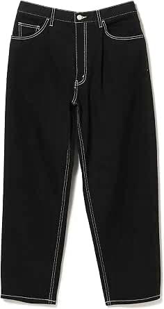 Front view of black wide tapered denim pants with white contrast stitching on a white background.