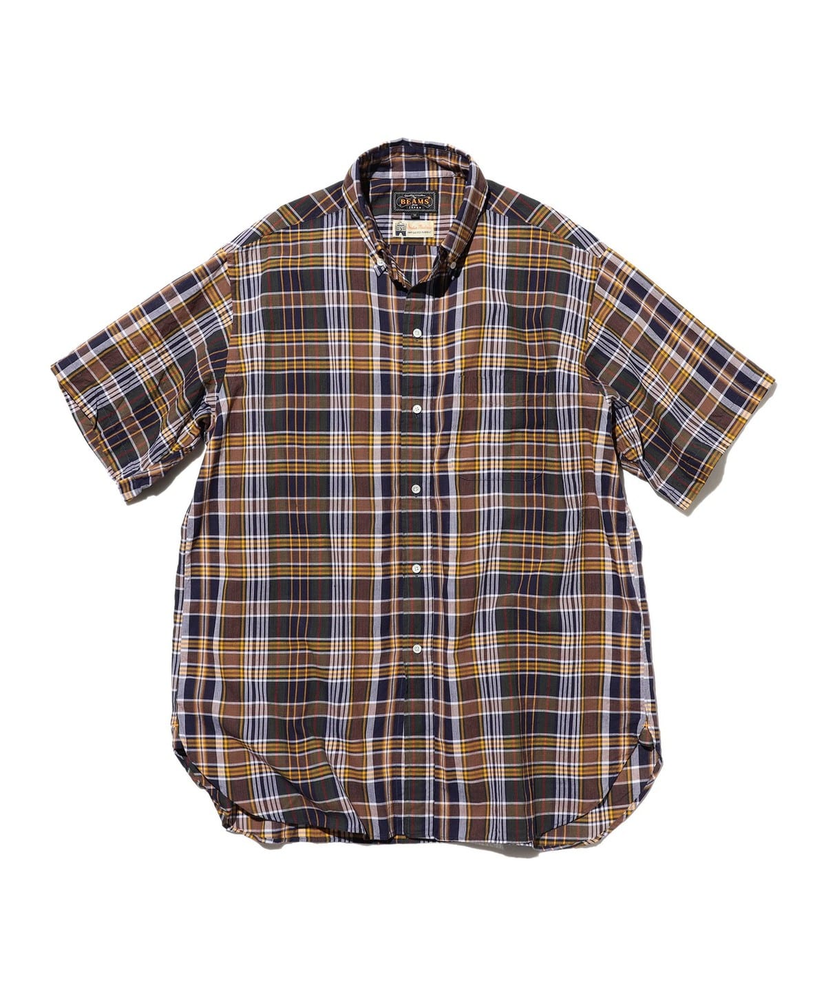 Front view of the BEAMS PLUS B.D. classic-fit Madras men's cotton shirt in brown plaid, laid flat on a white background.