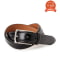 Dark cordovan cow-leather belt with a rectangular metal buckle rolled on a white background.
