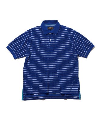 Blue striped short-sleeve polo shirt laid flat on a white background.
