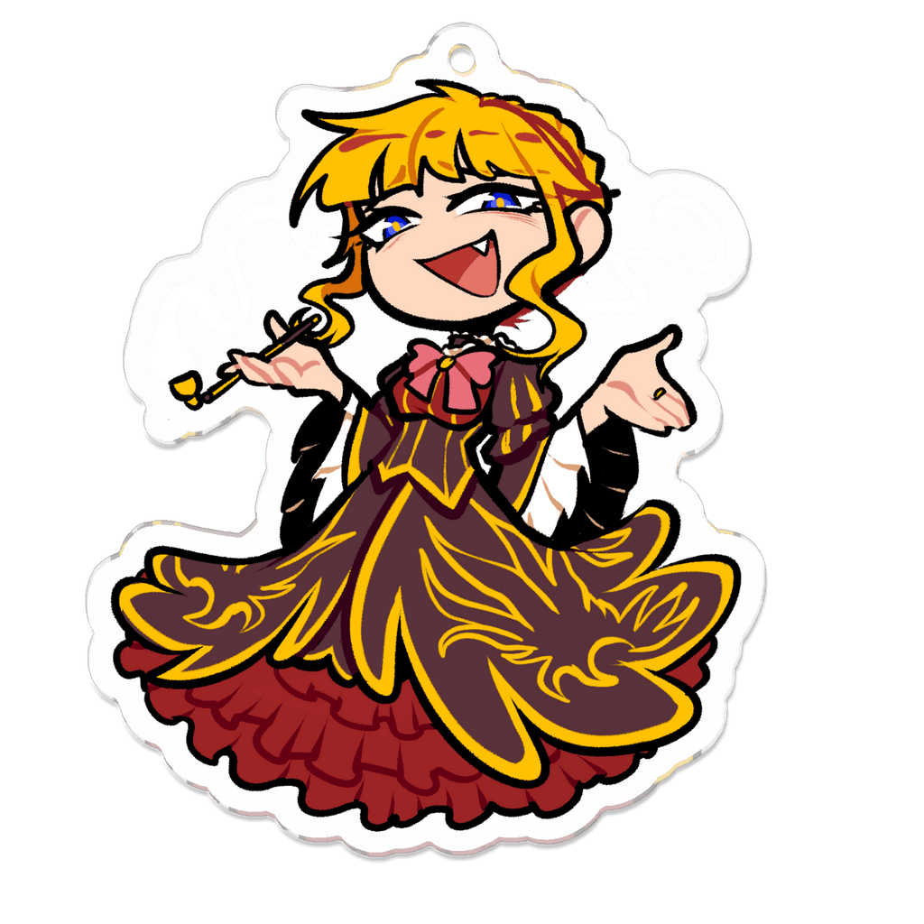 Die-cut acrylic charm depicting Beatrice the Golden Witch, shown with an attachment hole at the top.