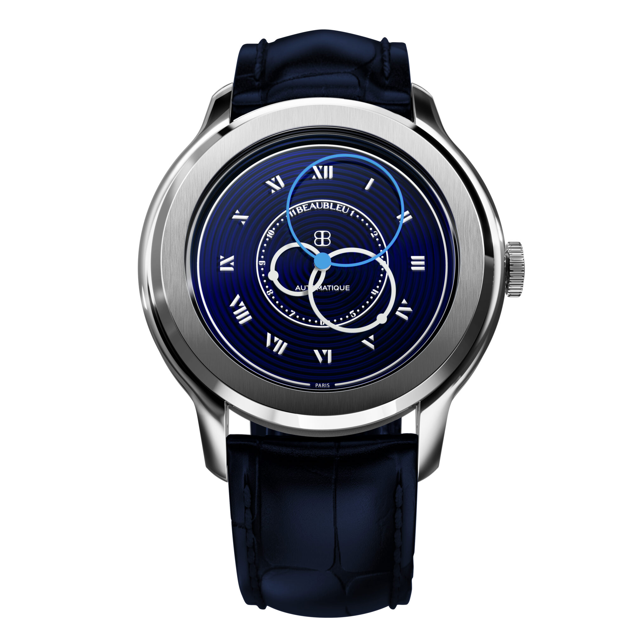 Front view of the BEAUBLEU VITRUVE ORIGINE BLUE watch showing its blue dial, silver-toned metal case, and blue leather strap.