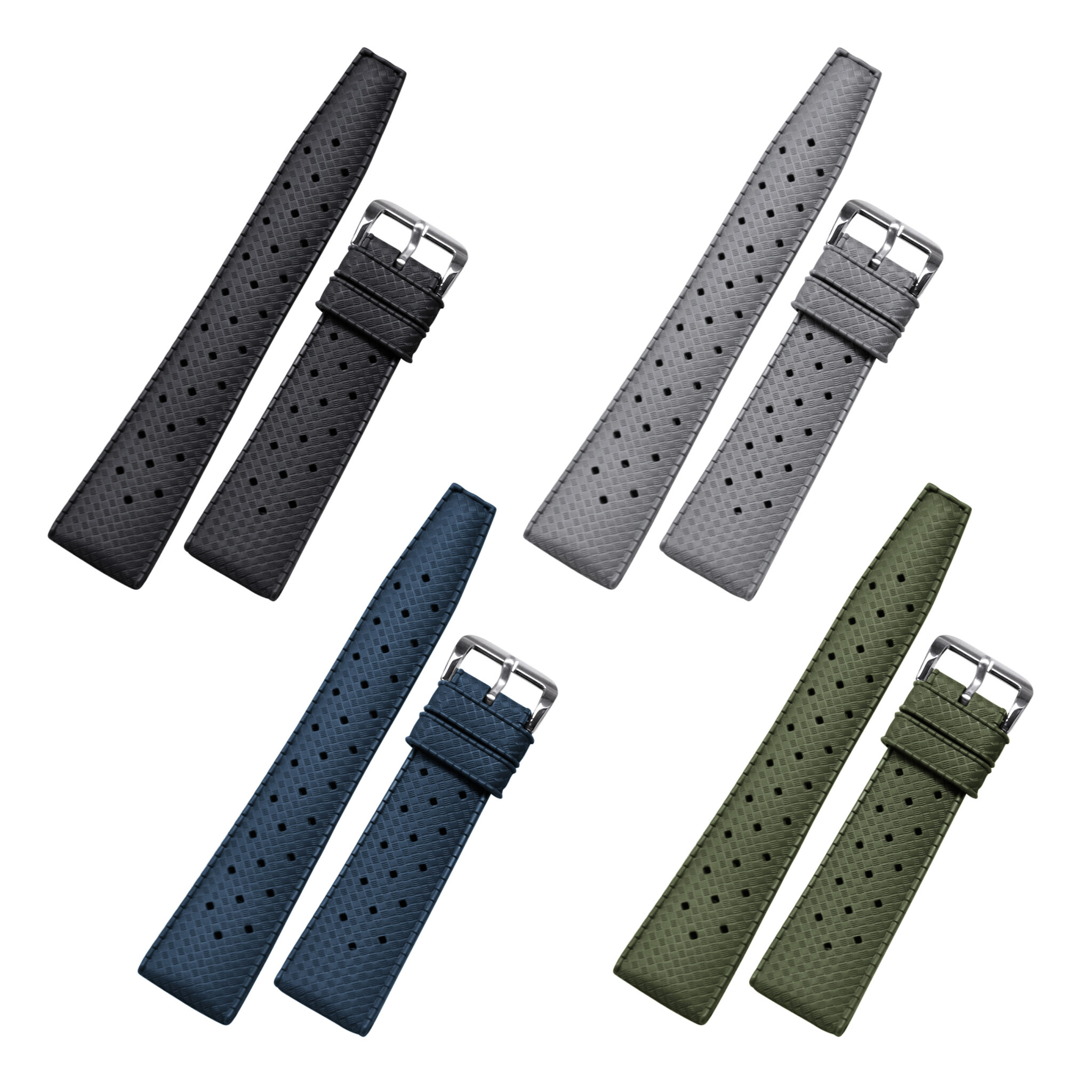 Four rubber watch straps in black, gray, blue, and green displayed on a white background.