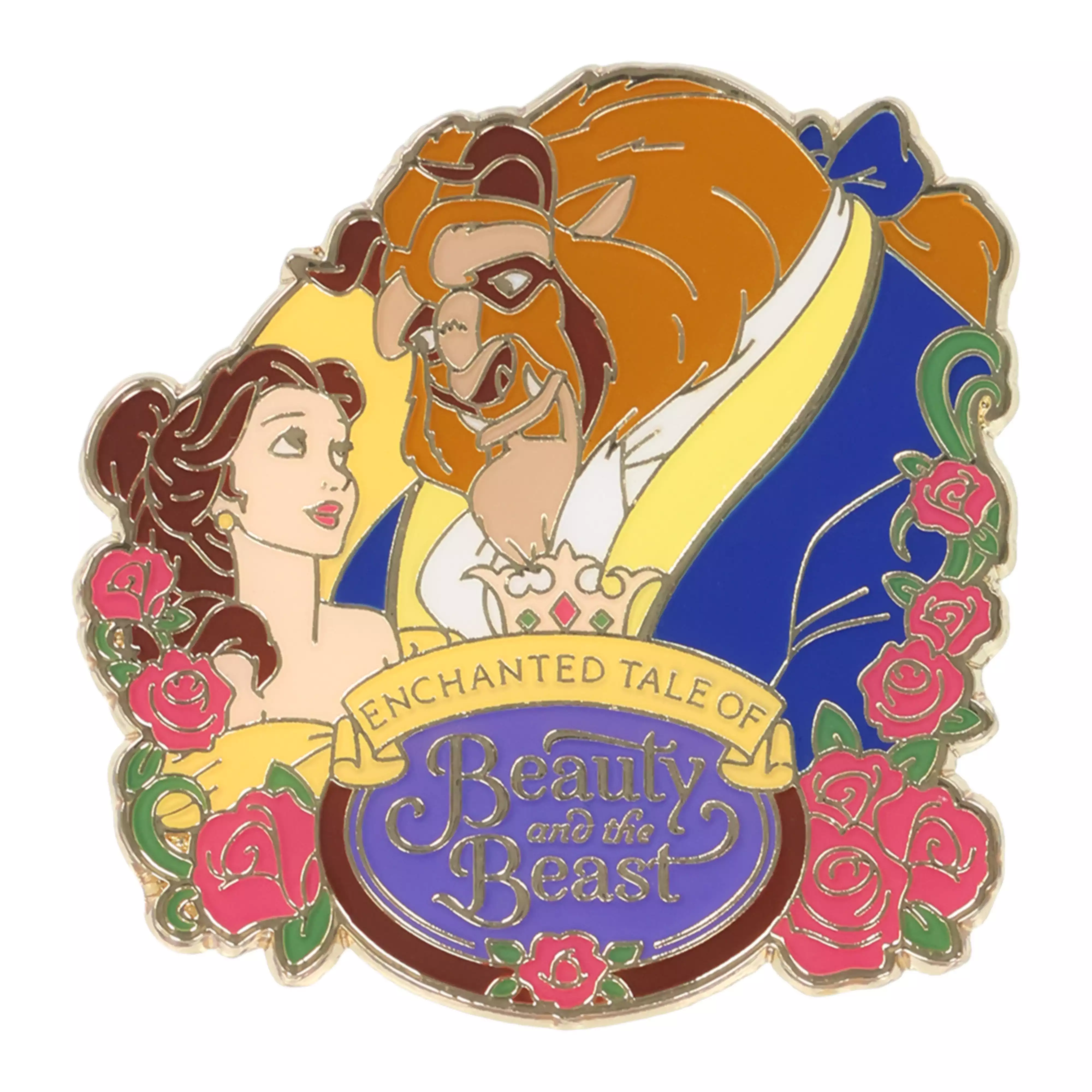 Enamel pin badge showing Belle and the Beast from Beauty and the Beast, surrounded by roses and a banner reading "Enchanted Tale of Beauty and the Beast".