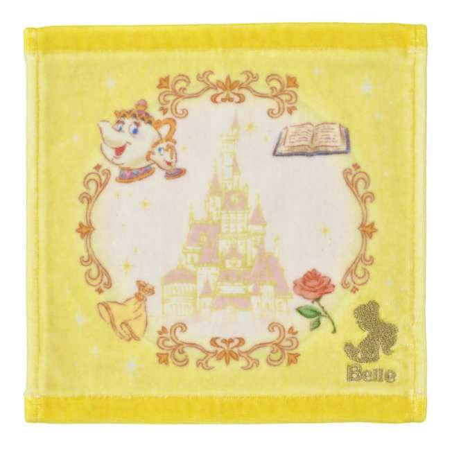 Yellow mini cotton handkerchief showing a printed castle, Mrs. Potts and Chip characters, a rose, and decorative border.