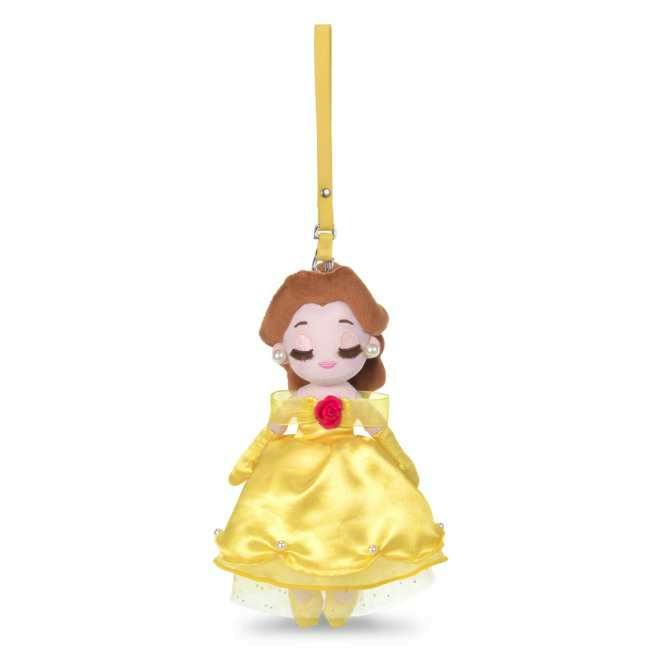 Plush keychain doll wearing a yellow princess dress with a hanging strap.