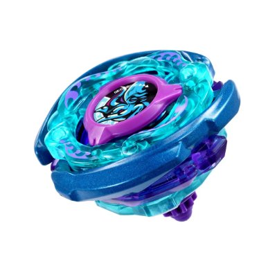 Angled photo of the BEYBLADE X CX-00 booster クラーケンリグル S3-70O showing the blue metal-coated plastic top.