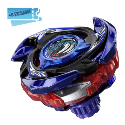 Blue BEYBLADE X metal coat top (Drake Brave G4-70I) on a white background with an 'EXCHANGE' ticket graphic in the corner.