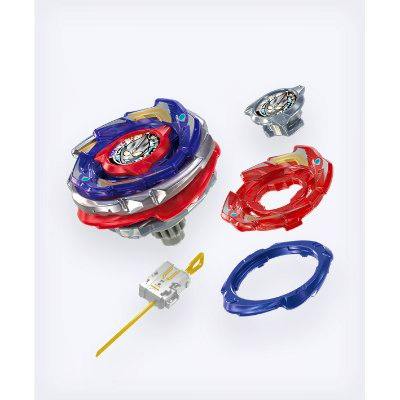 Disassembled BEYBLADE X starter showing the spinning top, rings, and launcher parts on a white background.