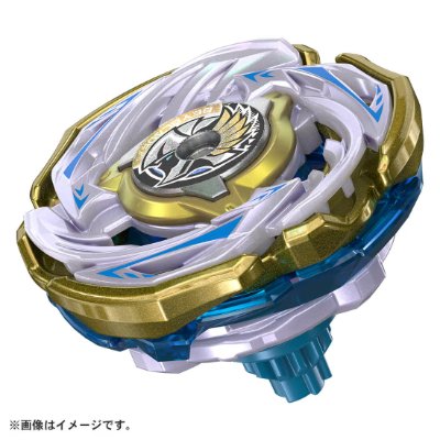 Front view of the Valkyrie Bolt S4-70V Beyblade top with gold metal coat and blue and white plastic components.