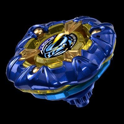 Navy-blue and gold BEYBLADE X booster top (UX-00 Nightmail) shown against a black background.
