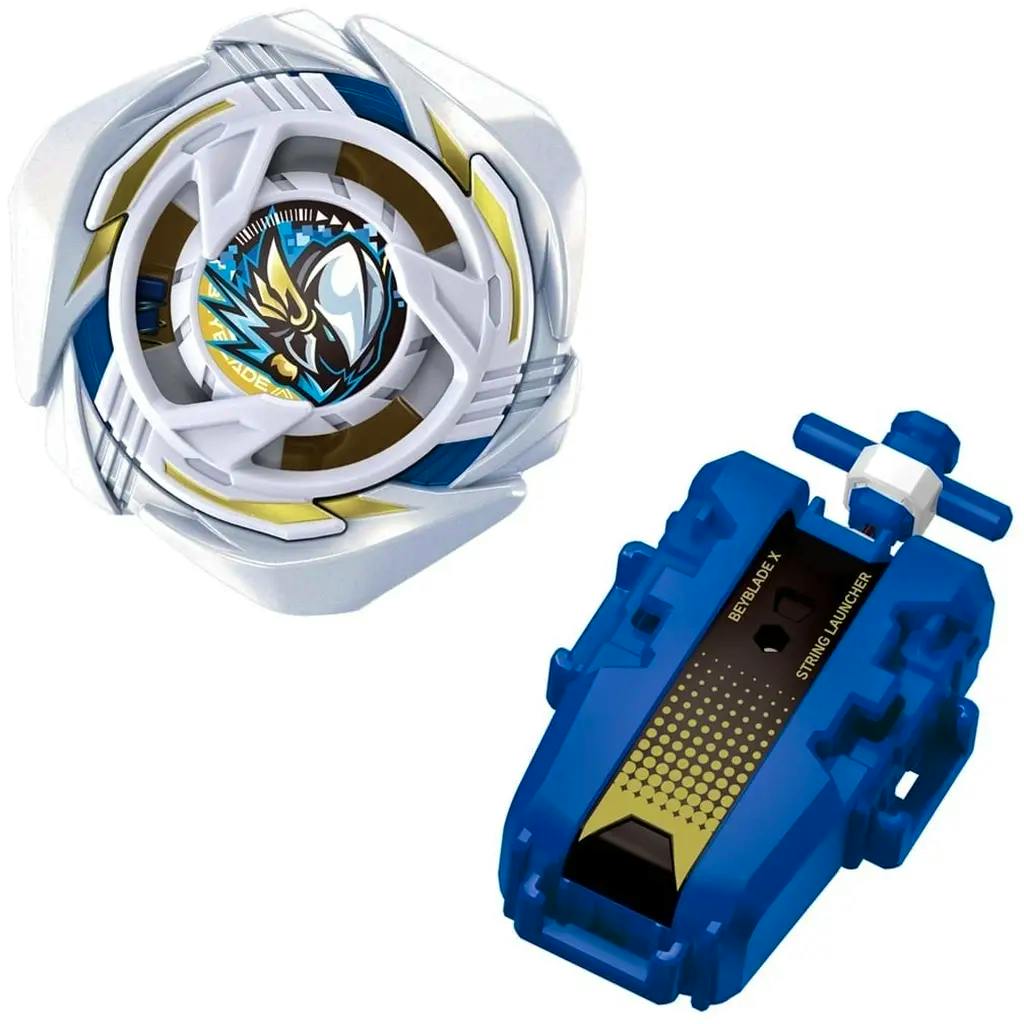 White and gold BEYBLADE X starter top and a blue string launcher shown on a white background.